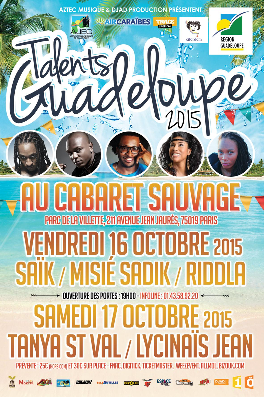 Cette année, pour sa 5 ème édition qui prendra ses marques au Cabaret Sauvage, le festival Talents Guadeloupe fera découvrir d’autres artistes, chanteurs et musiciens de l’archipel français.
 
Talents Guadeloupe - Vendredi 16 Octobre - Saïk / Misié Sadik / Riddla
Saïk

Les Antilles abritent bien des talents comme le chanteur corrosif, Saïk. Le jeune chanteur du M-District, depuis son titre Préjugés en featuring avec Admiral T (premier morceau de Saïk, sur une œuvre phonographique) a bien évolué et a su ouvrir son paysage musical. De ballades Reggae aux rythmes entraînants, il s'autorise le métissage des genres pour mieux faire passer ses messages. Ce qui fait aujourd'hui de lui un artiste caribéen à part entière.

Saïk ne cesse de murir et son tout nouvel album à venir en janvier 2016 le prouve bien.

https://www.facebook.com/SAIKOFFICIEL?fref=ts

Misié Sadik

Son enfance est bercée par les notes de batterie de son père et du KA qu’il pratique pendant quelques temps avec « KIMBOL » à l’atelier Georges TROUPE. Très vite, il enregistre ses premiers titres avec la complicité de ses amis Saintannais. Dès 2005, il s’imposera dans le milieu underground à travers des titres très novateurs caractérisés par une écriture profonde et consciente. Son premier album en 2009 Pli Lwen Ki Zyé avec le premier single On Sel Kou sensibilise toutes les tranches de la population grâce à un message fort qui le hissera pendant plusieurs semaines au sommet de tous les hits parades. En 2012, il sort un second album Pa Lage aux couleurs caribéennes.

A noter également que Missié Sadik a été nommé aux Hit Lokal Awards 2015 dans deux catégories Reggae et Dancehall.

https://www.facebook.com/MisieSadikOfficiel?fref=ts

Riddla

Riddla est un chanteur et comédien originaire de Marie-Galante. Il a grandi au quartier de Lauricisque plus communément appelé « Zooside ». En 2003, il sort son premier album "C.Pagna la», un album riche en styles musicaux. C'est une rencontre entre deux générations qui n'ont pas l'habitude de se côtoyer. Mélange de hip-hop gwoka avec la participation de grands noms du gwoka tels qu’Esnard Boisdur et Jean-Pierre Coquerel du groupe Akiyo.

Aujourd’hui, après le raggazonzon/carnavalesque «Piba» mais surtout l’incontournable et inattendu tube-actu satirique «Ti-Bidon» comptabilisant plus de 500000 vues YouTube en seulement 7 jours, Riddla annonce la mise en orbit très prochaine d’un nouveau single inédit annonçant la sortie d’un nouvel album pour la rentrée 2015. 
Chanteur, danseur, comédien, Riddla est un artiste à suivre.

https://www.facebook.com/pages/Riddla/8620869970?fref=ts